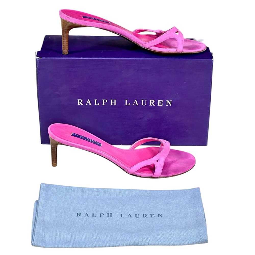 Ralph Lauren Hot Pink Suede Kitten Heel Slide Sandals Sz 8